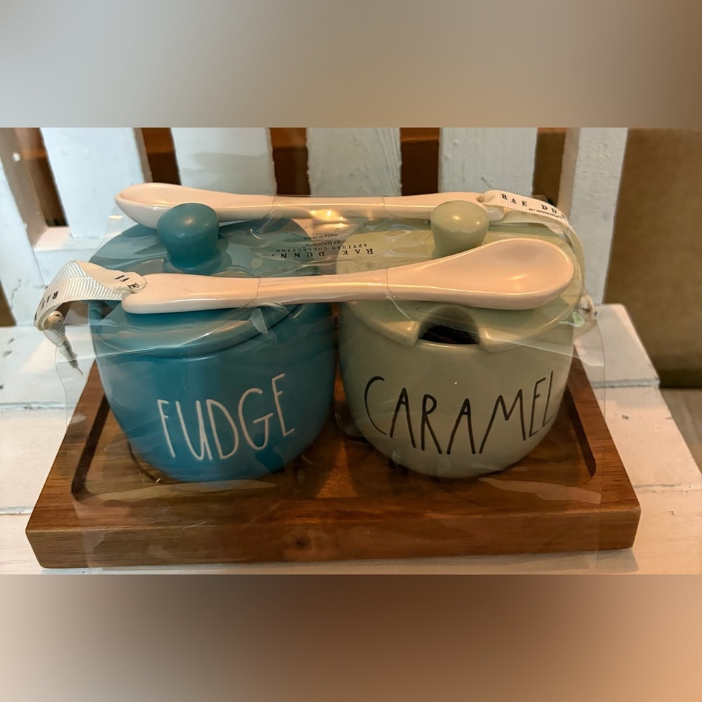 Rae Dunn Blue and Cream Ceramic Jars with Spoons